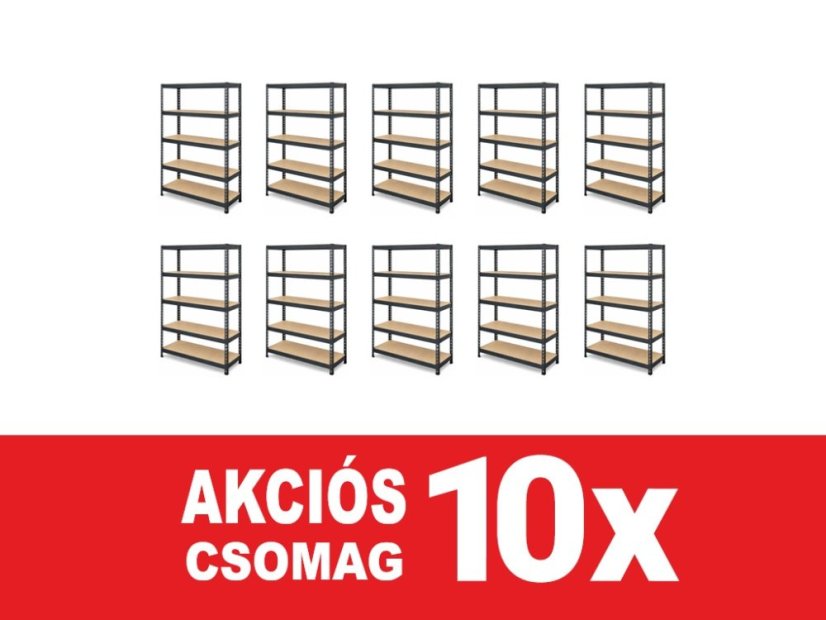 Polcrendszer 1830x600x400 mm lakkozott 5 polcos, teherbírás 1000 kg, RIVET - fekete - 10db