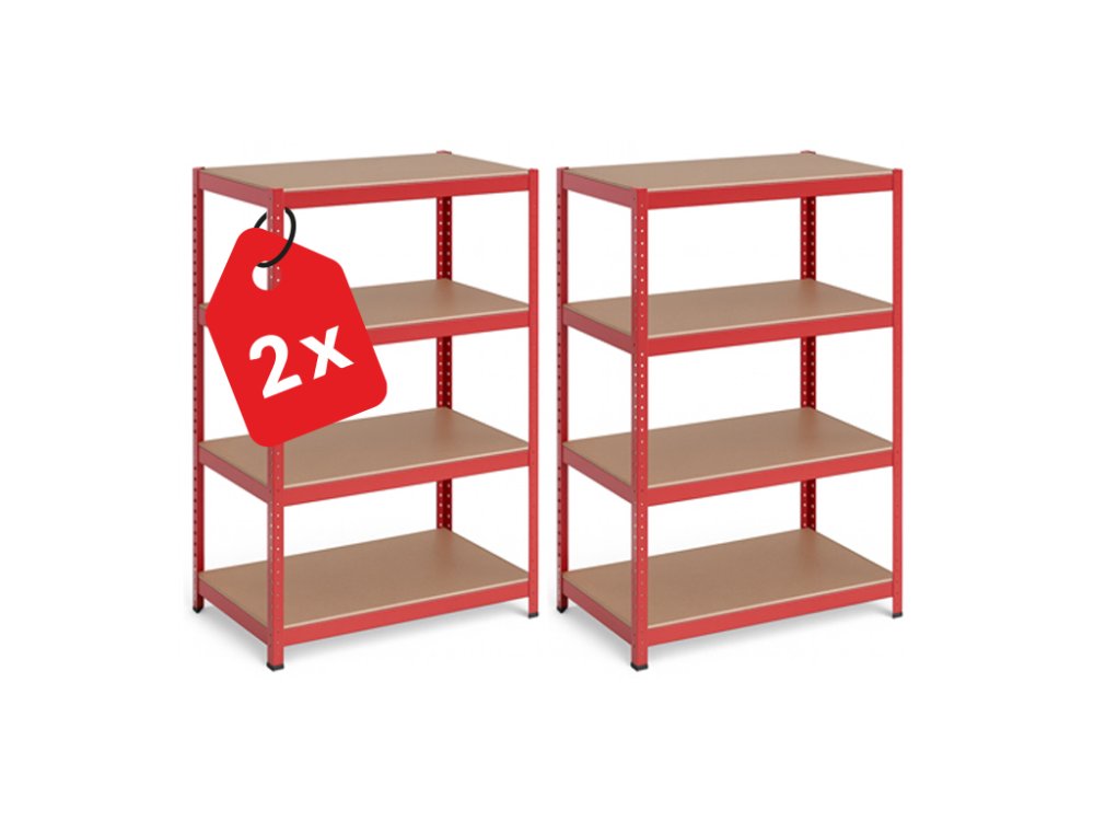 Regál 150x70x30 cm lakovaný 4-policový, nosnosť 700 kg - červený - 2ks