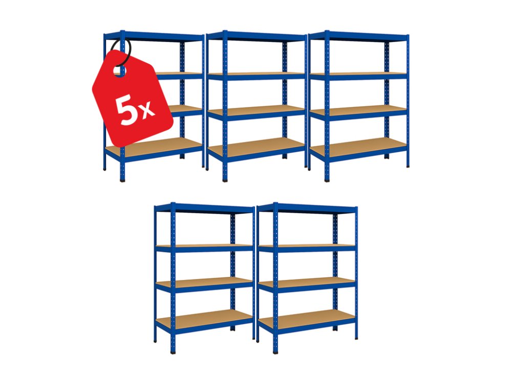 Akcia 5x Regál 150x70x30 cm lakovaný 4-policový, nosnosť 700 kg - modrý