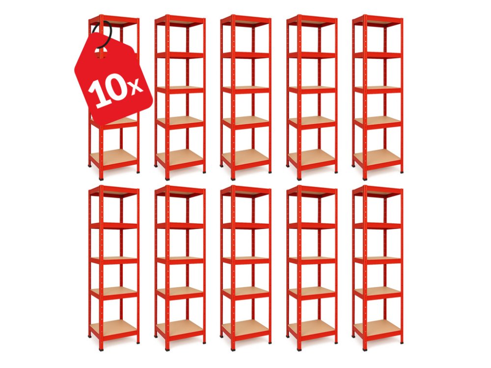 Akcia 10x Regál 180x40x40 cm lakovaný 5-policový, nosnosť 875 kg - červený
