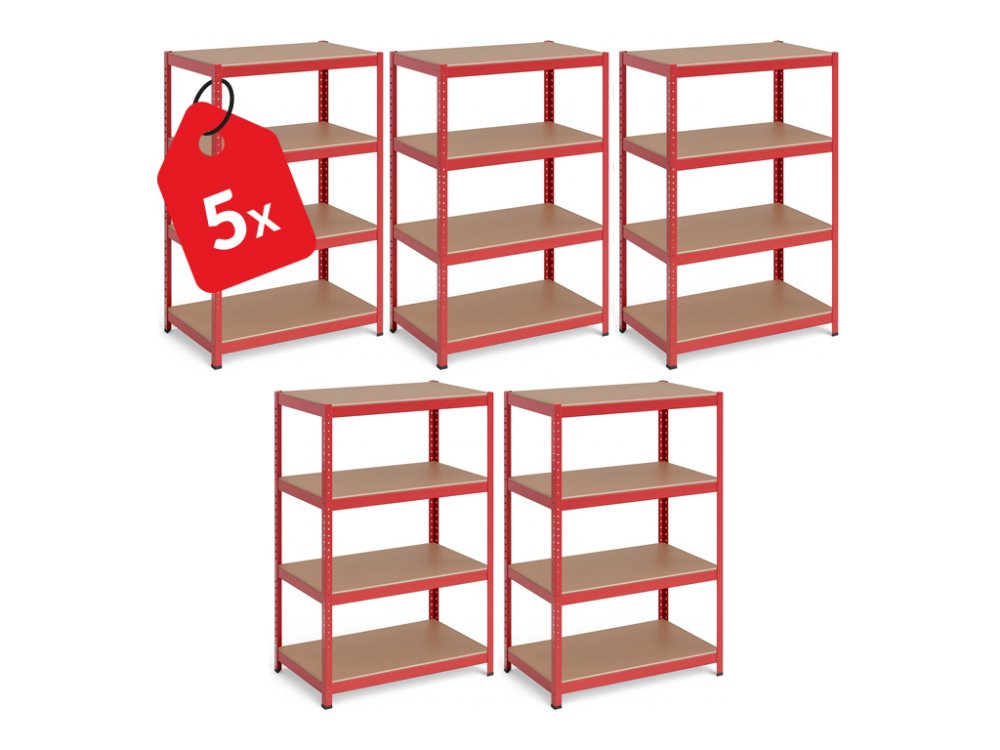 Akcia 5x Regál 150x70x30 cm lakovaný 4-policový, nosnosť 700 kg - červený