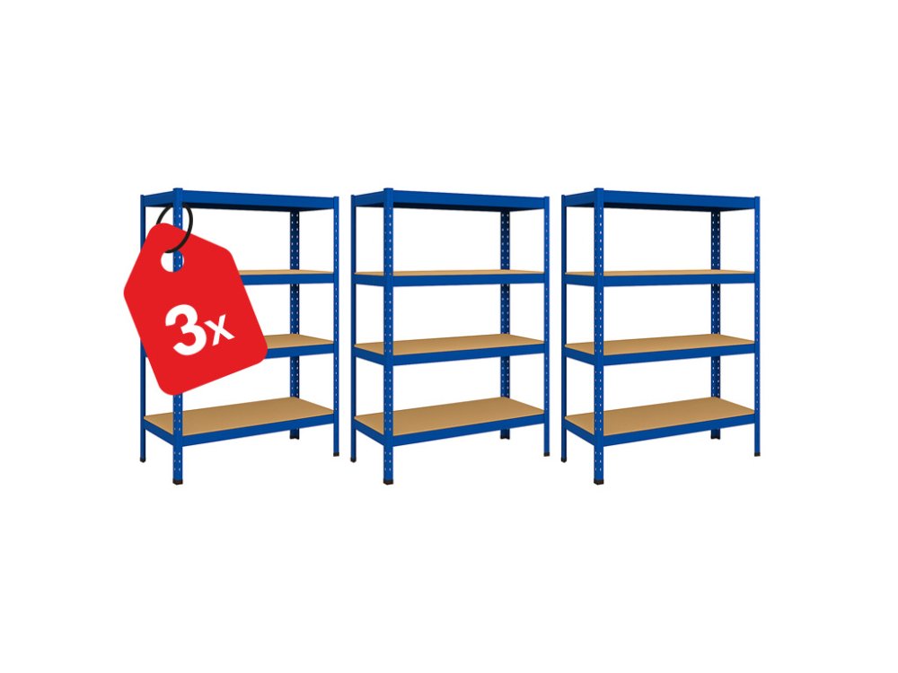 3x Fém polcrendszer 150x70x30 cm festett 4 polcos, teherbírás 700 kg, kék