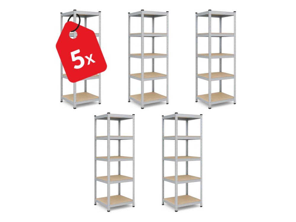 Akcia 5x Regál 180x40x40 cm pozinkovaný 5-policový, nosnosť 875 kg