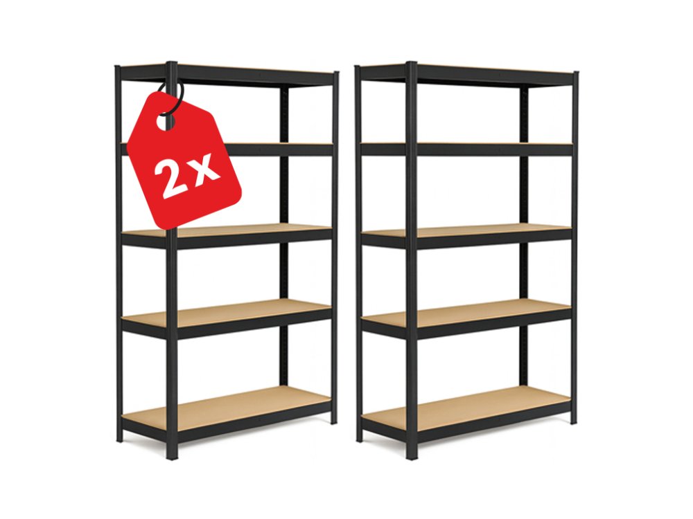 Regál 180x90x30 cm lakovaný 5-policový, nosnosť 875 kg - čierny - 2ks