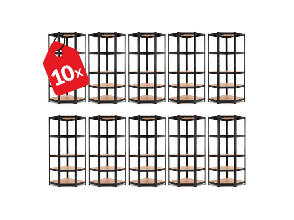 Regál 1800x900x400 mm rohový lakovaný 5-policový, nosnost 875 kg - černý - 10ks
