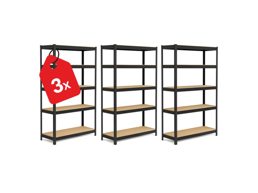 3x Raktári fém polc 180x90x30 cm festett 5 polcos, teherbírás 875 kg - fekete